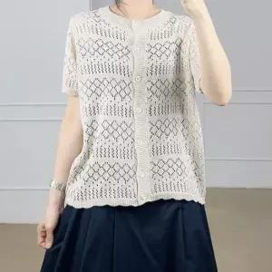 빅사이즈여성의류 빅사이즈 여성 펀치 여름 반팔 그물 니트 자수 가디건