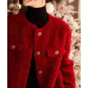 레드 여성용 알갱이 양털 모피 숏코트 스웨이드 퍼 일체형 가디건 OP1