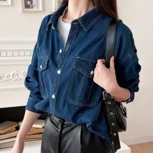 여성 실용적인 더블포켓 내추럴 워싱 오버핏 포켓 청남방 탄탄한 데님 셔츠 dRG9+2MLR