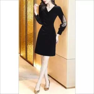 정장원피스 여성 봄 간절기 퍼프소매 벨벳 브이넥 미니 원피스