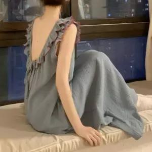 여성 빅사이즈 민소매 라운드넥 프릴 롱 원피스 잠옷 나시원피스 롱원피스 프릴원피스