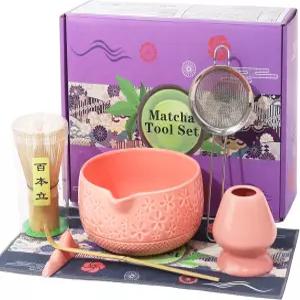 말차 거품기 세트 식전용 7개 핑크 키트 여성용 수공예 선물 스파우트가 있는 전통 세라믹 그릇 대나무 및