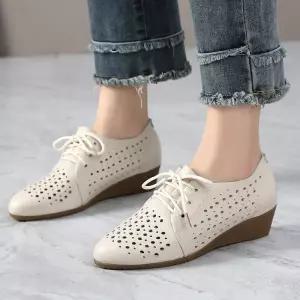 여성 춘하 빈티지 웨지힐 샌들 리얼 가죽 소근 통굽 웨지 펀칭 슈즈 원픽5