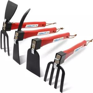 툴루션 4개 정원 도구 세트 - 도끼 호 손 경운기 및 갈퀴 선택 10.6인치 나무 손잡이 DIY 조립 필요 땅