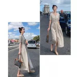 [모두모아]여성 베이지 컬러 여름 반팔 셔츠 롱 원피스 데이트룩 여자원피스 여자롱원피스 브이넥원피스 베