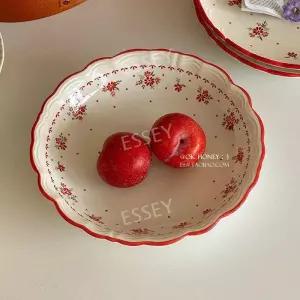 세라믹접시 깊은 빨간 꽃 체리 디저트