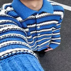 남성용 니트 빈티지 스트라이프 카디건 터틀넥 굵은 칼라넥 상의 원픽1