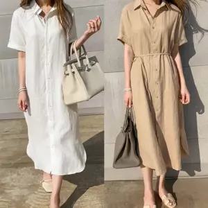 린넨 흰색원피스 반팔 휴양지원피스 롱셔츠 롱원피스 가을 편한원피스