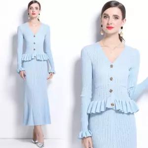 니트 원피스 스커트 미디 가을 봄 여자가을원피스 프릴 브이넥 비즈니스 펀칭 ible3