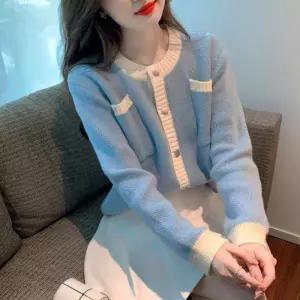 [제이커머스]예쁜 배색 도톰 아우터 여성 신상 러블리 가디건 블루 여성봄가디건 여성가을가디건 사무실가