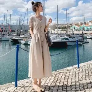 롱원피스 여성 심플 베이직 브이넥 린넨 롱 셔츠 원피스 여행룩