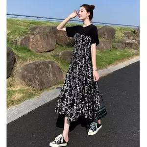 [이지커머스]여름 여행 데일리 여성 꽃무늬 레이어드 반팔 원피스 롱원피스 여성원피스 쉬폰원피스 빅사이