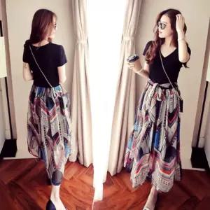 [이지커머스]투피스 느낌의 여성 플레어 스커트 반팔 롱원피스 여성원피스 쉬폰원피스 원피스 빅사이즈원피