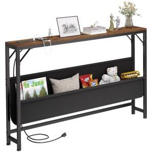 아스골리온 47.2인치 스키니 콘솔 테이블, 충전소 및 수납 공간, 전원 콘센트 USB 포트가 있는 좁은 소파 테이블 뒤, 거실, 로비, 현관, 복도, 러스틱 브라운