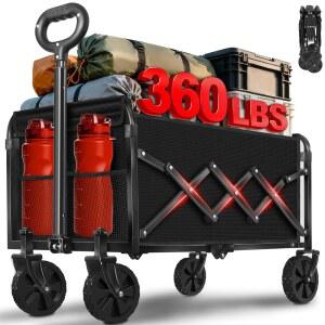 마차 카트 접이식, 360파운드 접이식 바퀴가 달린 유연한 손잡이, 캠핑 비치 피키닉 식료품 야외 스포츠 쇼핑을 위한 가벼운 휴대용 카트(블랙)