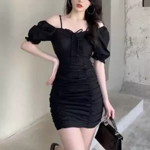 [퍼니메이커]여름 숏 원피스 오프숄더 셔링 퍼프 끈나시 드레스 흰색원피스 쉬폰원피스 스퀘어넥원피스 여