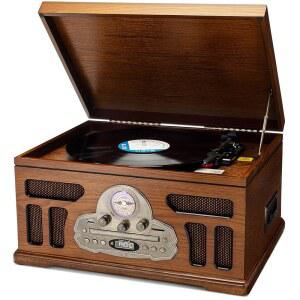 [미국배송] 사운드비스트 올인원 턴테이블 3단 레코드 플레이어 블루투스 CD 카세트 테이프 AM/FM 라디오 USB 내장 스피커 수제 나무 외장