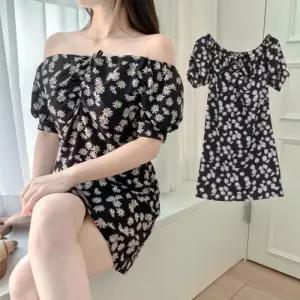 여자 원피스 셔링 꽃무늬 드레스 셔링 오프숄더 밴딩