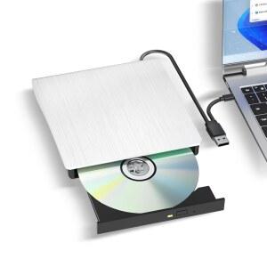 [미국배송] 외장 CD/DVD 드라이브 USB 3.0 및 TYPE-C 디스크 리더 라이터 CD ROM + /-RW 플레이어 노트북 데스크탑 PC MAC WINDOWS LINUX용 휴대용 버너 (흰색)