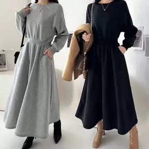 [퍼니메이커]캐주얼 편안한 허리밴딩 긴팔 원피스 긴팔원피스 치마원피스 플레어스커트 스커트원피스