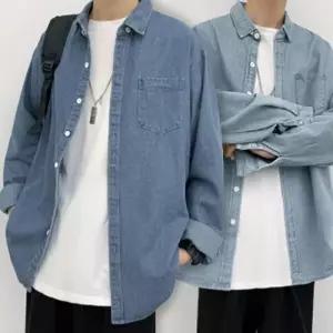 남성 겨울 패션 진청 청남방 셔츠 20대 봄 가을 데님 연청 남자 오버핏 체크 티셔츠