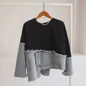 [잇수다] 마카몽 봄 언발 컷팅 데님 배색 레이어드 루즈핏 맨투맨