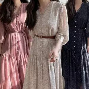 여성 봄 가을 브이넥 셔링 긴팔 롱 원피스 결혼식 하객룩 롱원피스 휴양지 봄원피스