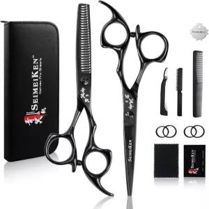 세이메이켄 6인치 블랙 헤어 가위 전문가용 커팅 및 얇아진 - 일본산 SUS440C 스테인리스 스틸 이발 살롱