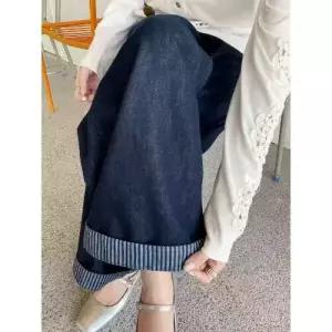 바지 청 여성용 빈티지 캐주얼 스타일 완성 배기핏 청바지 스트라이프 롤업 와이드 하이웨스트 슬림핏 SPO