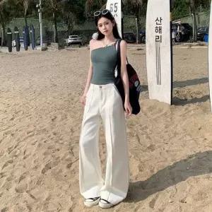 바지 여성용 캐주얼 스타일 완성 배기핏 청바지 오렌지 솔리드 배기 슬림 슬리퍼 보이핏 SPO마켓1