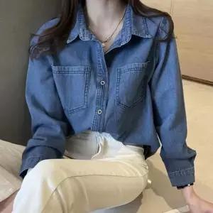 진청 데님 여성 단추 캐주얼 포켓 카라 셔츠 GjN8+2OaR