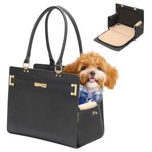 2-in-1 스타일리시한 강아지 지갑 캐리어 소프트 사이드 여행용 토트백, 주머니가 있는 작은 동물을 위한 패션 접이식 애완동물 가방 (블랙, 15인치 L x 7.5인치 W 12.2인치 H)
