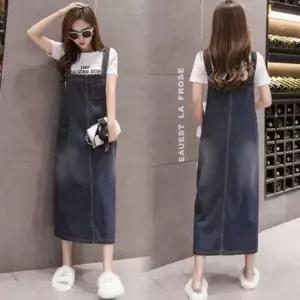 캐쥬얼 여성용 기본 멜빵 데님 원피스 청 롱 큐티 스커트