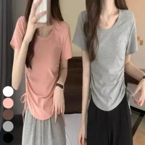 여자 옆 U넥 라운드넥 슬림핏 셔링 티셔츠 반팔