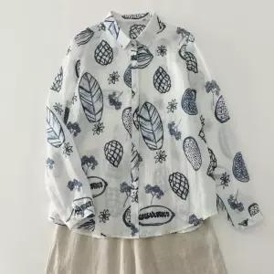 롱 여사친 빈티지 가을 캐주얼 빅사이즈 면마 프린트 루즈핏 톱 셔츠 긴팔 스포M3