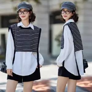 여성용 롱 춘추 투피스 루즈핏 조추 조끼 겹치는 스트라이프 세트 셔츠 스포M3