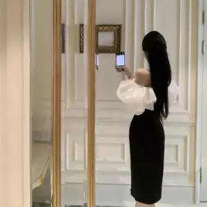 여사친 원피스 퍼프 드레스 추천각 프렌치 트임 어깨 쉬폰 일자 OOTD1