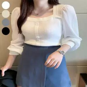 블라우스 쉬폰소매 퍼프 니트 스퀘어넥 어깨 골지