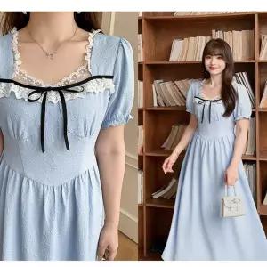 여사친 원피스 여름 빅사이즈 슬림 통통사이즈 벌 레이스 리스 롱스커트 레이어드 스퀘어넥 플라워 리본 퍼