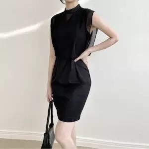 하객룩 프릴 H라인 슬림핏 블랙 여성 원피스 드레스 원피스 하객룩 홀복 상견례 오피스룩