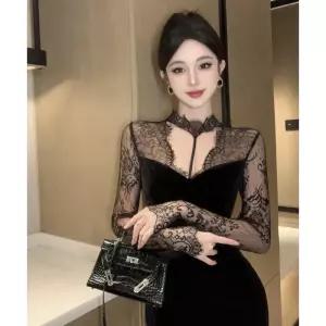 원피스 여성용 가을 봄 펀칭 크로스 레이스 벨벳 라이트 미니드레스 파티 레이어드 SPO마켓3