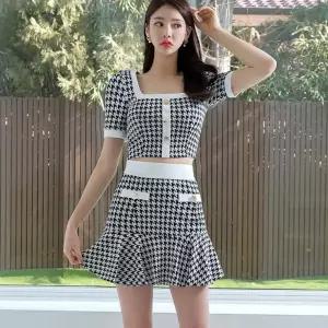 여자 원피스 치마 여름 투피스 톱 슬림 원풍 쉬폰 세트 플레어 예쁜 스퀘어넥 하운드투스 SPO마켓5