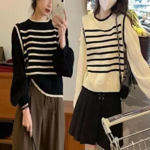 블라우스 레이어드 단가라 벌룬소매 조끼 퍼프 니트