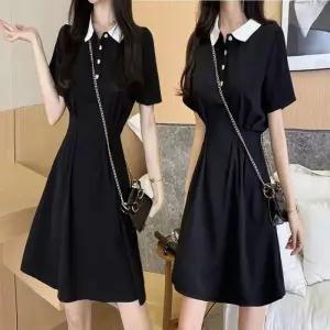 여성 블랙 하객룩 카라 미니 핀턱 A라인 원피스