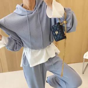 도레미 스트링 크롭 후드맨투맨 하이웨스트 밴딩 와이드 골지 니트지 투피스세트 (4color)