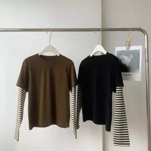 여사친 가을 캐주얼 페이크 투피스 루즈핏 스트라이프 셔츠 슬림핏 데일리 톤앤톤 긴팔 롱루즈핏 티 M스포3