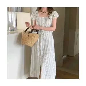 르뚜앙서랍 여름 휴양지원피스 스트라이프 린넨 롱원피스 데일리룩 바캉스룩 스퀘어넥 반팔 셔링 스트 1755