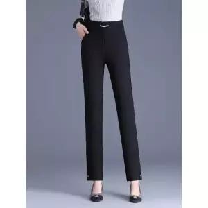 블랙 가을 하이웨스트 여성바지 세미 스모키팬츠 정장 슬림 통바지 OOTD3