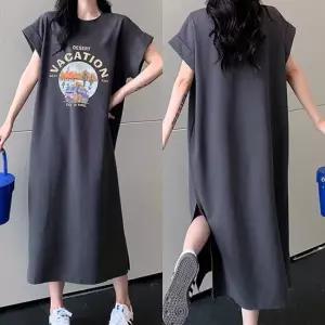 롱 라운드넥 티셔츠 옆트임 편안한 원피스 롱원피스 티셔츠원피스 루즈핏원피스