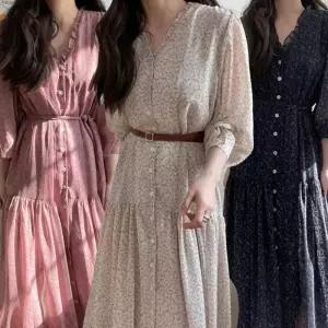 여성 봄 가을 브이넥 셔링 긴팔 롱 원피스 결혼식하객룩 하객원피스 롱원피스 휴양지원피스 175489